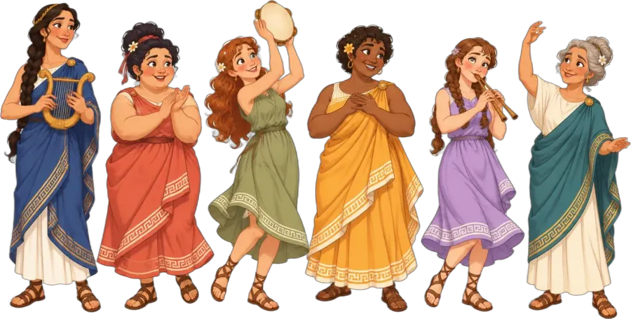 Our chorus: six singers in colourful ancient Greek dresses, singing and dancing
