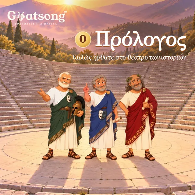Το εξώφυλλο του «Προλόγου», Βιβλίο 0: οι τρεις αφηγητές στο αρχαίο θέατρο την ανατολή