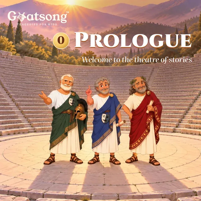 The cover of Prologue, Book 0: the three storytellers in the ancient theatre at sunrise
