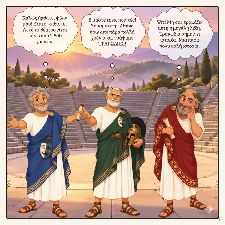 Σελίδα: οι τρεις αφηγητές καλωσορίζουν τον αναγνώστη στο θέατρο