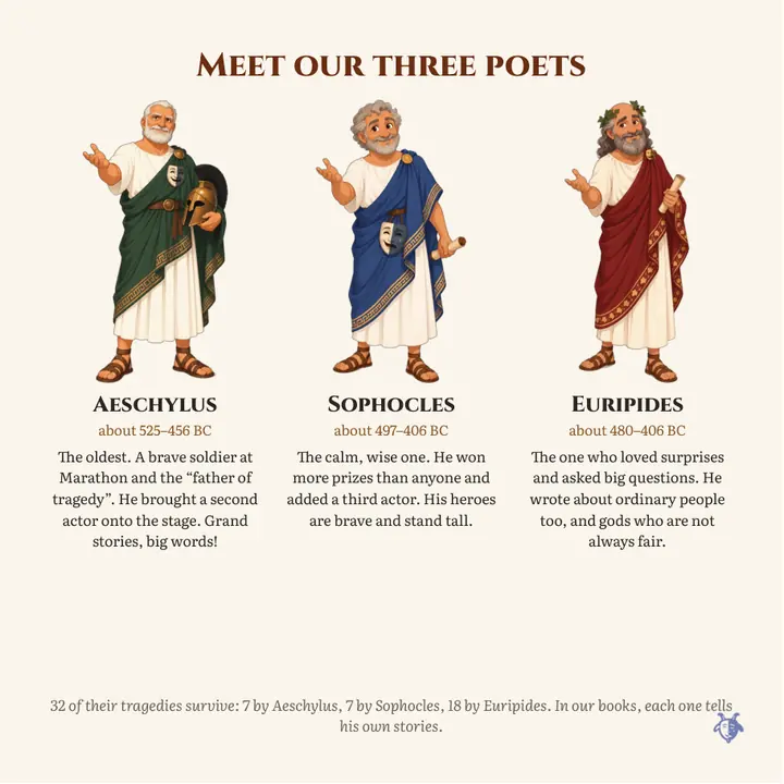 Page: meet our three poets, Aeschylus, Sophocles and Euripides