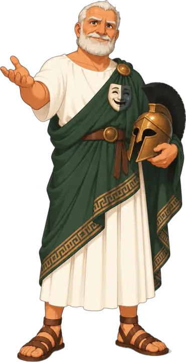 Aeschylus, a white-bearded storyteller in a green cloak, holding a soldier's helmet