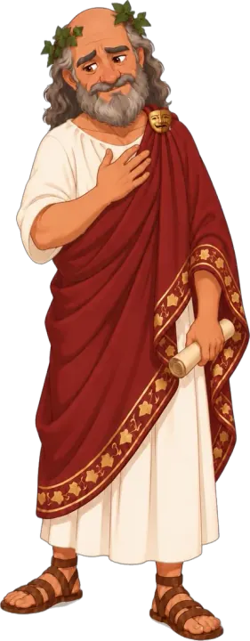 Euripides, a storyteller in a red cloak with an ivy crown, holding a scroll