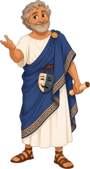 Sophocles, a smiling storyteller in a blue cloak, with a half-happy, half-sad mask at his hip